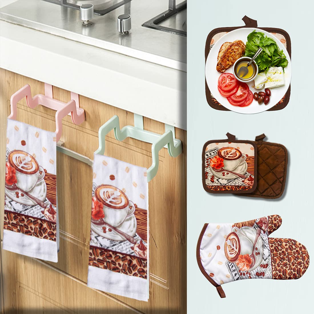Lobyn Value Packs: 5-Piece Café Latte Kitchen Towel Set – Quilted Oven Mitt & 2 Potholders, Perfect for Coffee Lovers Lobyn Value Packs