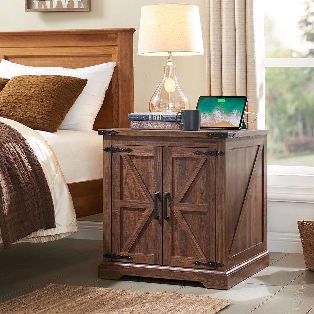 Barnyatoh Farmhouse End Table with Charging Station,24" Large Sofa Side Table with Barn Door, Rustic Wood Square Nightstand Bedside Table with Adjustable Storage Shelf for Living Room, Bedroom,Walnut Barnyatoh