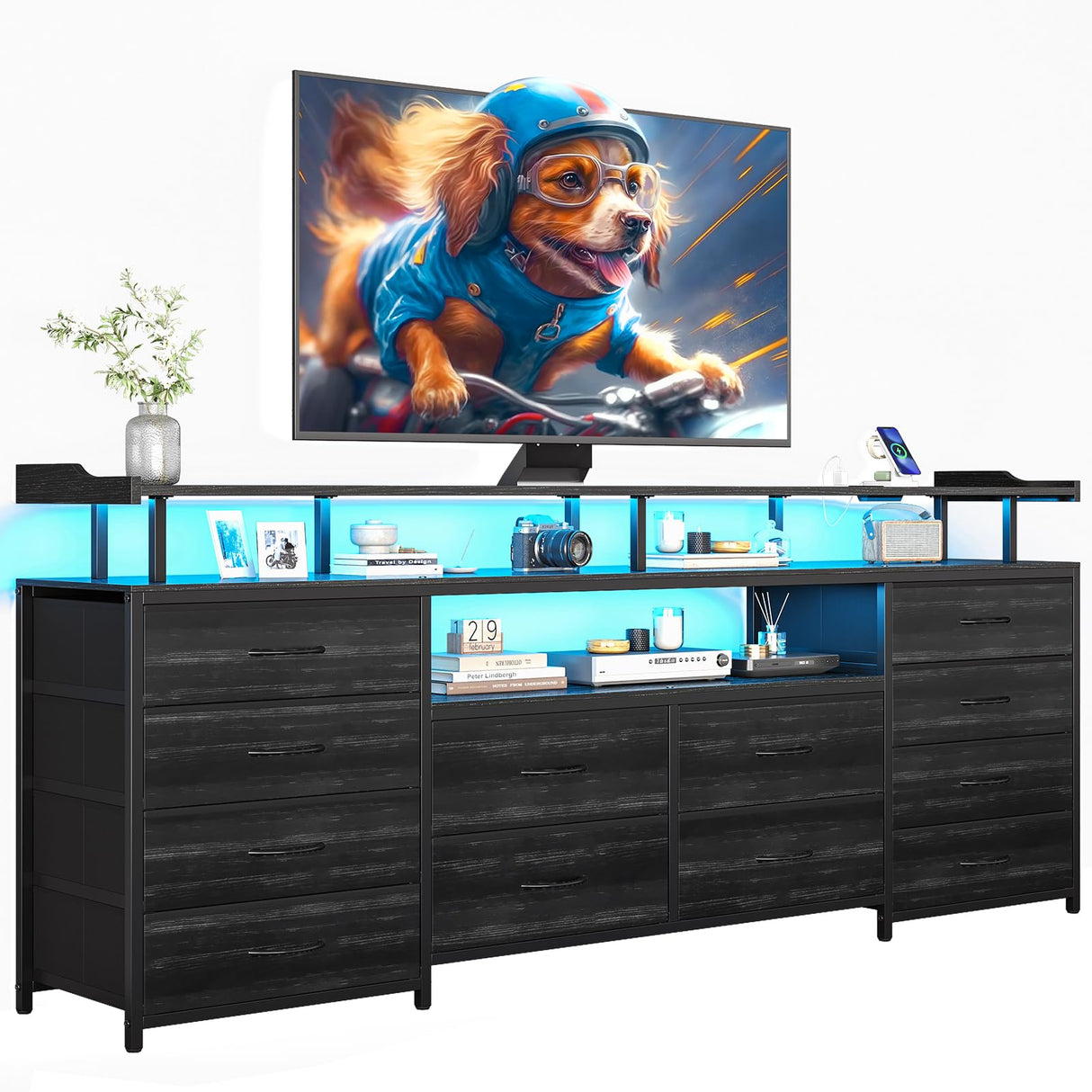 BTHFST 12 Drawers TV Stand Dresser for 65/70 inch TV, Entertainment Center with LED Lights & Power Outlets, 63" Large LED TV Stand, TV Console for Bedroom BTHFST