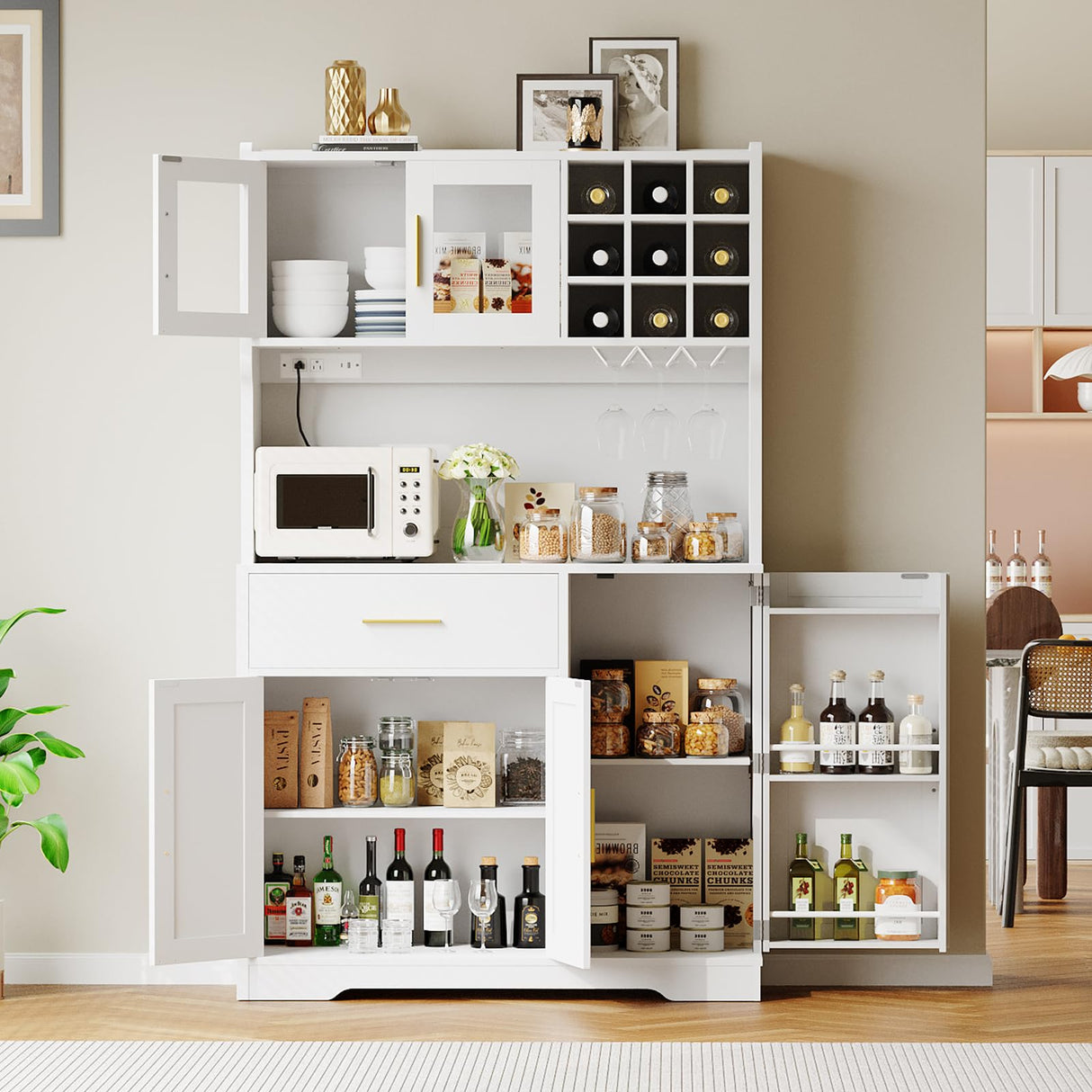 HOOBRO Pantry Cabinet with LED Lights and Charging Station, Kitchen Pantry Cabinet, 71" Tall Farmhouse Pantry with Microwave Shelf, Door Shelves, Wine Rack and Glass Holder, White WT10UDPC01 HOOBRO