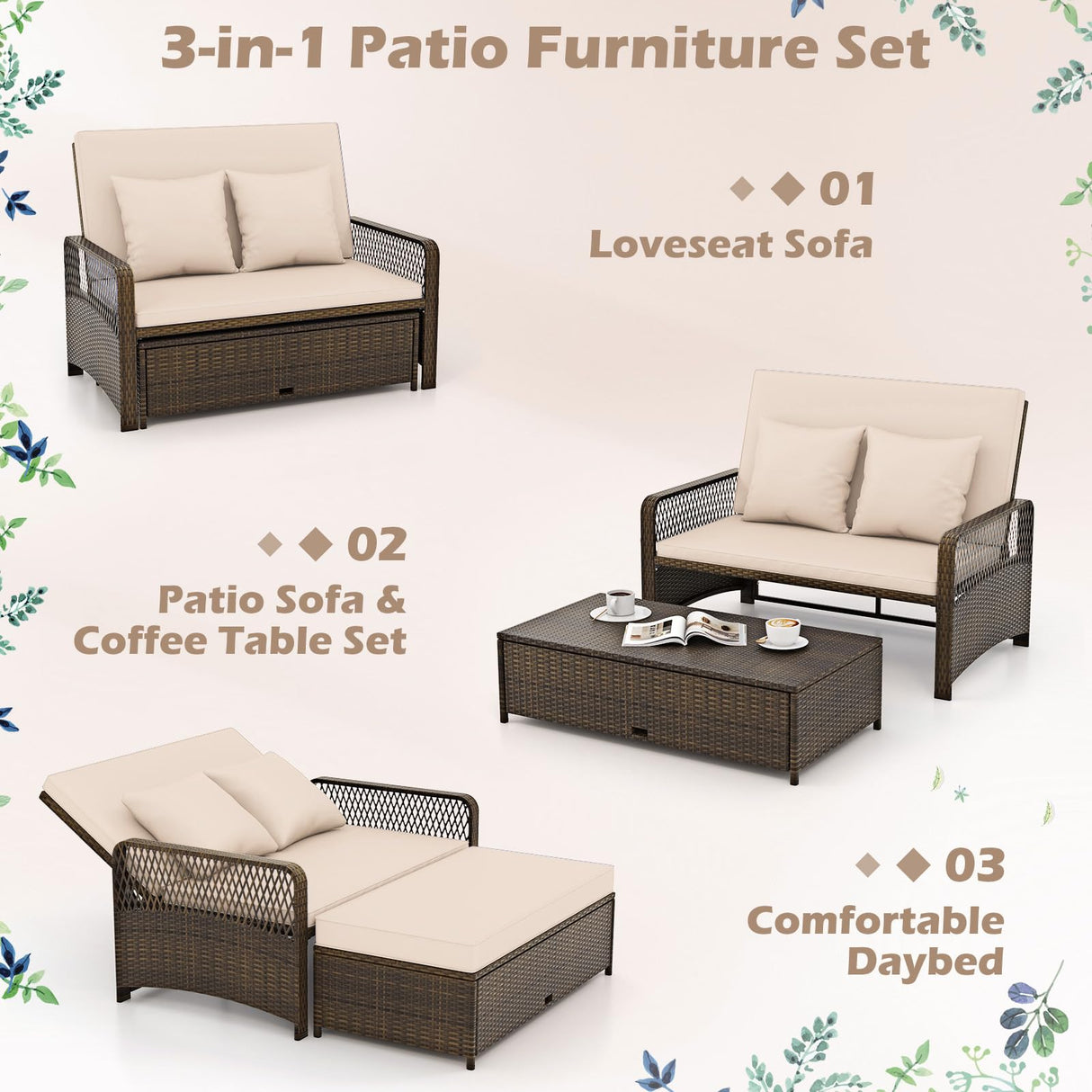 Tangkula Patio Adjustable Wicker Daybed, Rattan Loveseat & Storage Ottoman w/ 4-Level Backrest & Soft Cushions, Space-Saving 2-Person Sun Lounger for Backyard, Porch (Beige) Tangkula