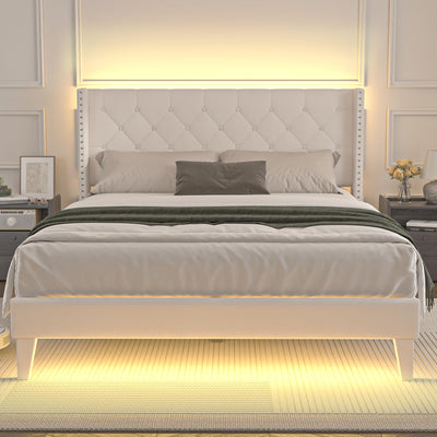 Lihimte Full Size Bed Frame with Led Lights, Upholstered Velvet Platform Bed Frames with Button Tufted Wingback Headboard and Footboard, Wooden Slats Support, No Box Spring Needed, Beige