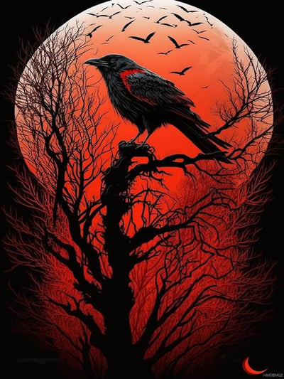 Raven with a Red Moon Diamond Painting, Diamond Art Kit for Beginners, DIY Diamond Painting with Gemstone Crystal Home Wall Decor 12x16 inch