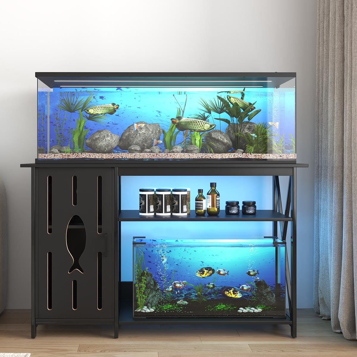 55-75 Gallon Aquarium Stand,Fish Tank Stand with Power Outlets,Cabinet&LED Light,Heavy Duty Aquarium Stand for 2 Fish Tank/Turtle Tank/Reptile Terrarium,1100LBS Capacity,Black PAPIHO