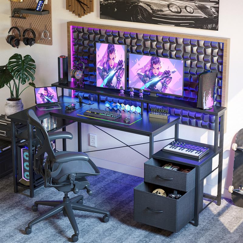 TIQLAB Computer Desk L Shaped with Drawers, 65” Gaming Desk with Power Outlets and LED Strips, Large L Shaped Corner Desk with Monitor Stand, Home Office Desk for Corner Space, Carbon Black TIQLAB