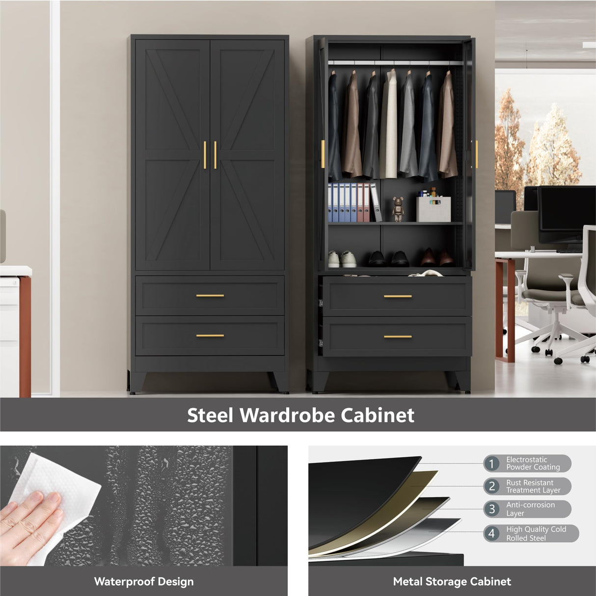 Black Metal Wardrobe Cabinet for Bedroom, 71" Freestanding Closet System with Drawers and Shelves, Hanging Rod Clothing Organizer with Two Doors, Farmhouse Steel Wardrobe Bedroom Armoires Bevivog