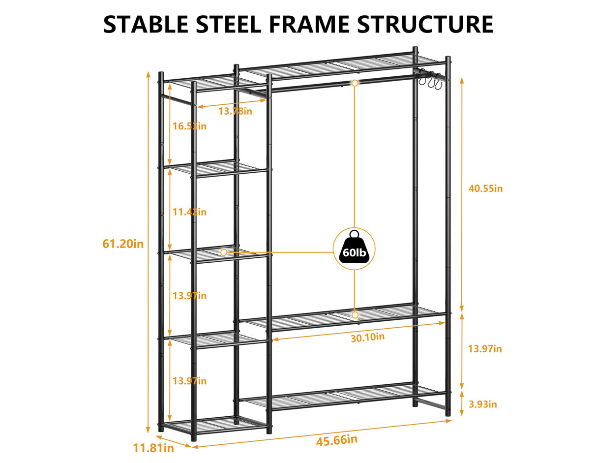Wardrobe Closet,Portable Clothes Rack with 4 Tiers Shelves,Freestanding Closet Organizers and Storage System with Hanging Rods,Steel Clothing Rack Suitable for Cloakrooms,Bedrooms,Entrances,etc.Black HOMIDEC