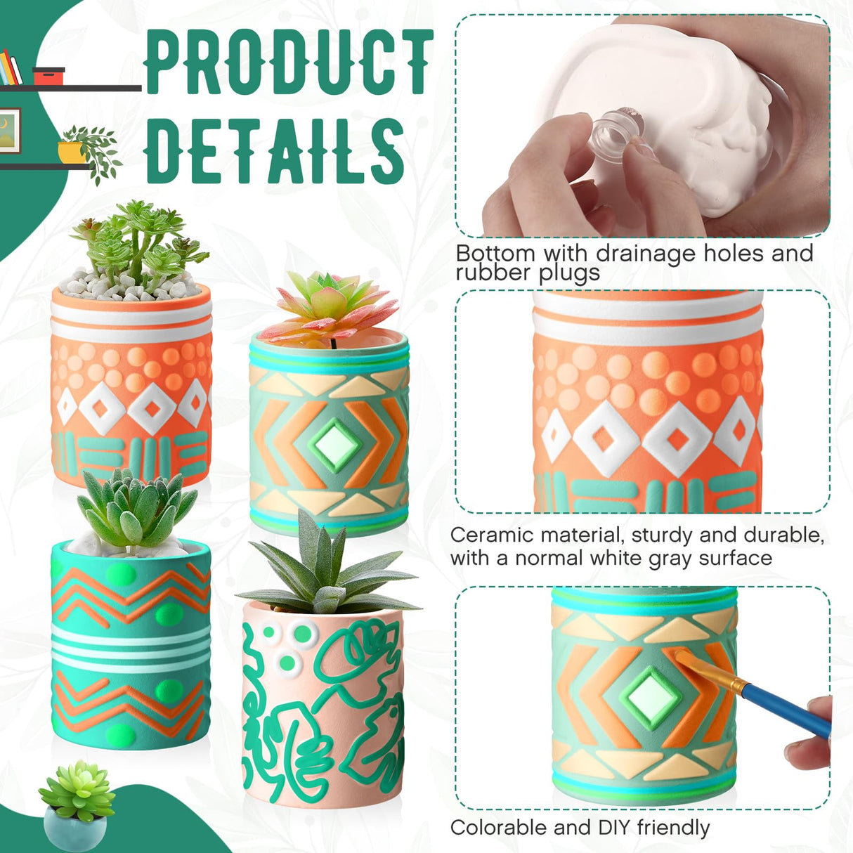 SiliFine Set of 11 Paint Your Own Kit DIY Flower Pot Painting Includes 8 Pcs Unpainted Ceramic Succulent Planters 2 Pcs Color Paints 1 Set Paint Brushes for Classroom Craft Activity (Bohemian) SiliFine