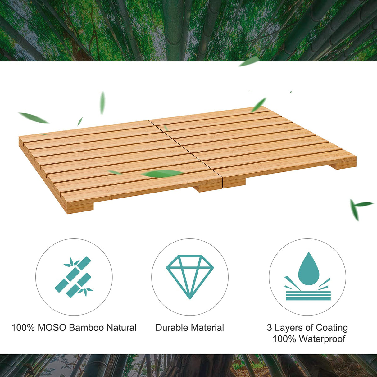 Waterproof Bamboo Bath Mat for Shower, Wooden Floor Mat for Bathroom, Foldable | Non-Slip | Heavy Duty, Shower Mat for Indoor Outdoor, 23.5in x 15.6in viewcare