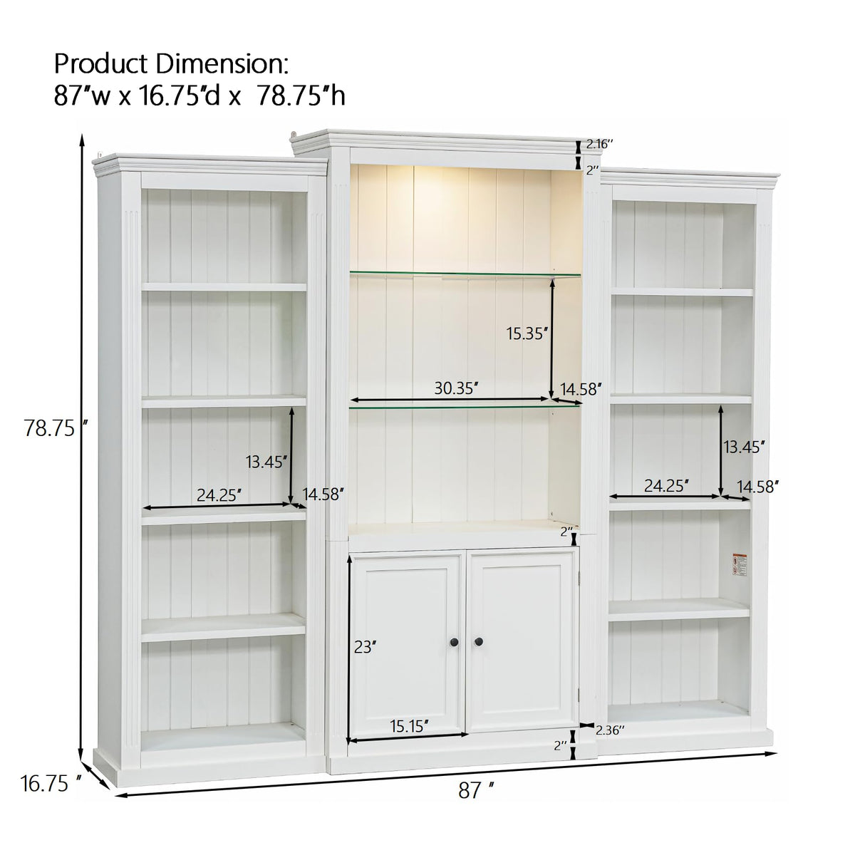 Merax 3-Pieces Bookcase Display Cabinet 87"x17"x79" White Tall Bookshelf, 5 Colors Adjustable LED Cabinet Ceiling Light, 5-Tier Collection Bookcase for Home Office Studio Merax