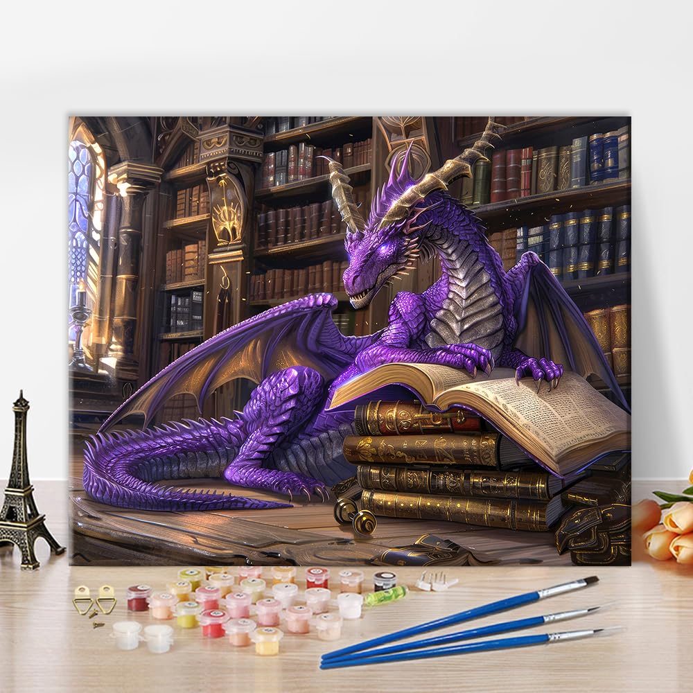 Rebotipy Fantasy Dragon with Ancient Books DIY Paint by Numbers for Adults Beginner,Enchanting Purple Dragon in Mystical Library,Painting by Numbers Kits DIY Oil Painting for Home Decor 40x50cm Rebotipy