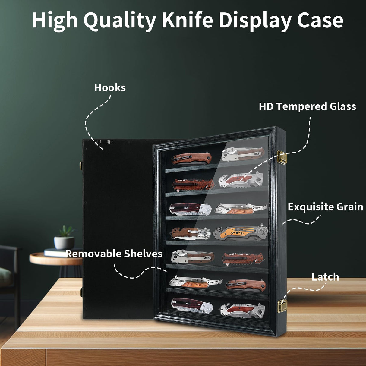 YRCKUDZKG Knife Display Case for Collections, Pocket Knife Display Case with HD Tempered Glass, Lockable Storage Cases with Removable Shelves, Wall-Mounted 7-Layer Wood Cabinet, Black YRCKUDZKG
