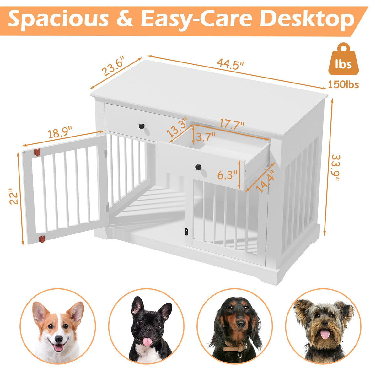 Dog Crate Furniture, 44 Inch Wooden Dog Kennel Furniture Indoor with 2 Storage Drawers, Heavy Duty Large Dogs Crate Furniture, Cage & House Furniture for Small Medium Large Dogs, White VENDORZ