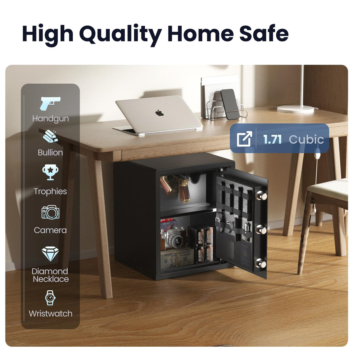 Grimtron Gun Safe for Handgun - (1.72 cu. ft.) Adult Multiple Pistol Safe 【Gun Organizer & Gun Rack】Money Safe Box with Silent Mode, Home Safe with Backlit Keypad, LED Light, Gun Vault for Anti-Rust Grimtron