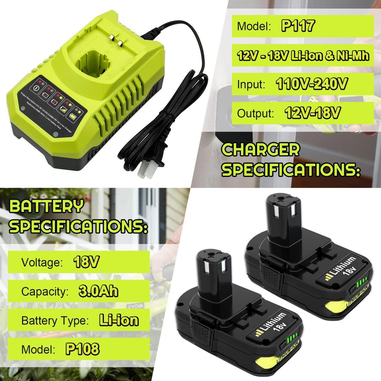 2-Pack 3.0Ah Replacement Battery and Charger Compatible with Ryobi 18V Lithium Battery P102 P103 P104 P105 P107 P109 P108 P190 P122 Boetpcr