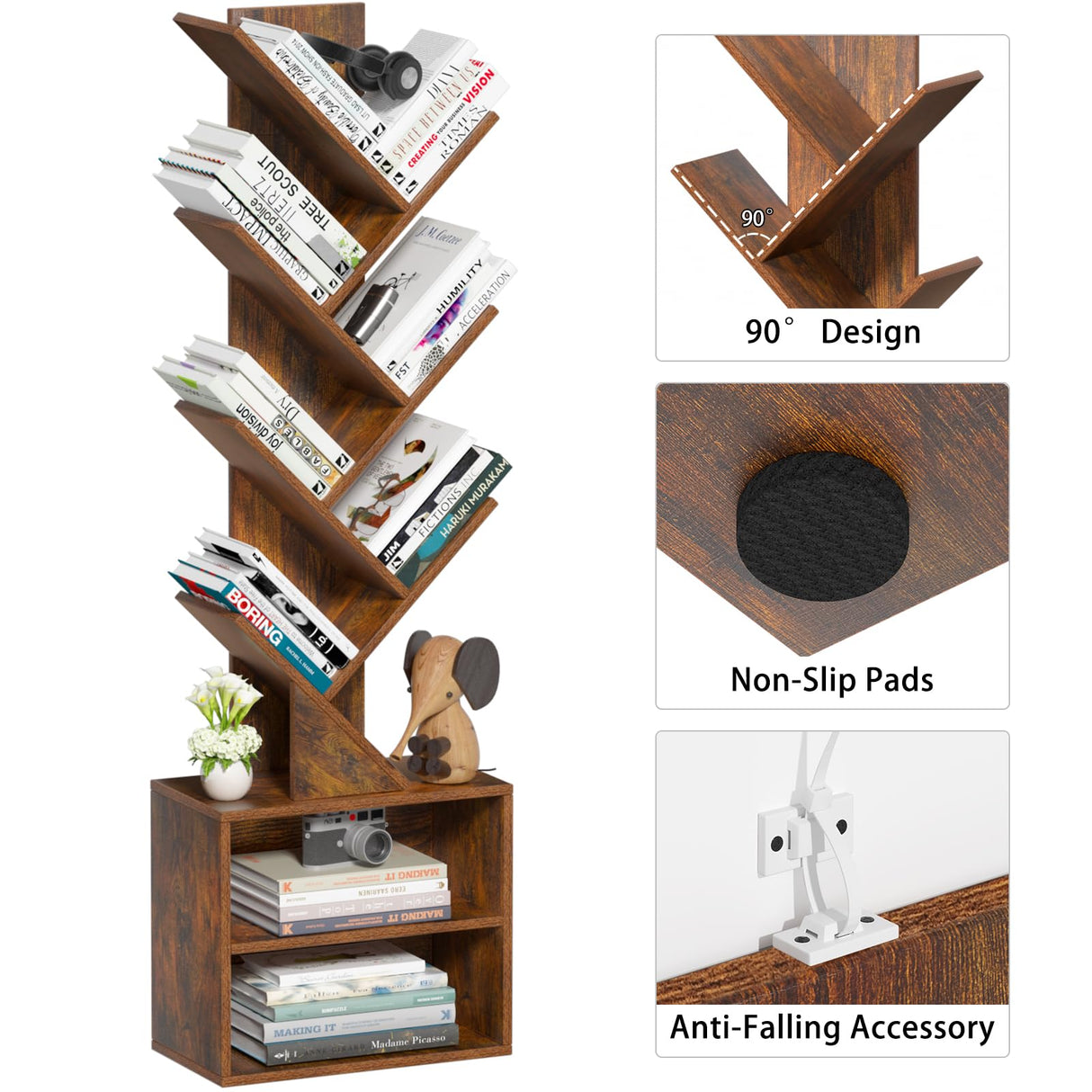 SHEEPAM 10 Tier Tree Bookshelf,Floor Standing Wood Tall Bookcase for Narrow Space, Storage Organizer Bookshelves for Books, Book Case for CDs/Movies/Books,Home Office,Living Room, Bedroom SHEEPAM