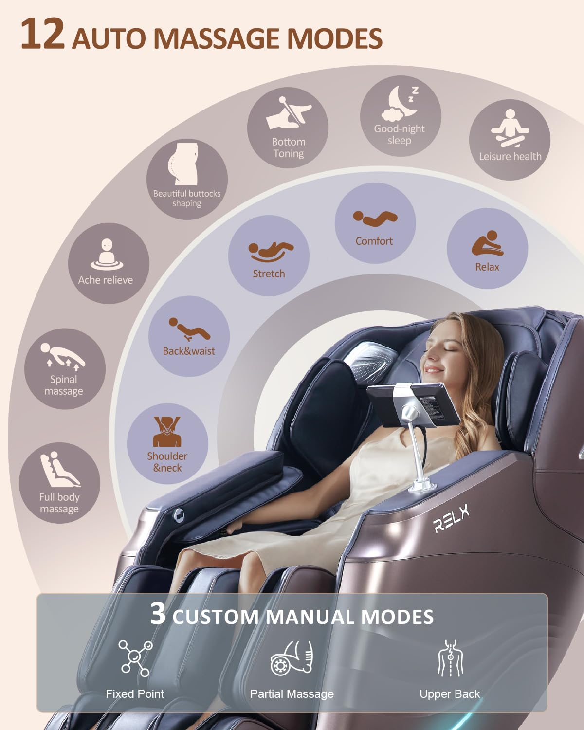 RELX 2025 Massage Chair Full Body, 15 Modes Zero Gravity SL-Track Shiatsu Massage Chair Built-in Heat System, Airbag Massage with Body Scan, Deep Yoga Stretch, Calfrest Extension and AI Control(Brown) RELX