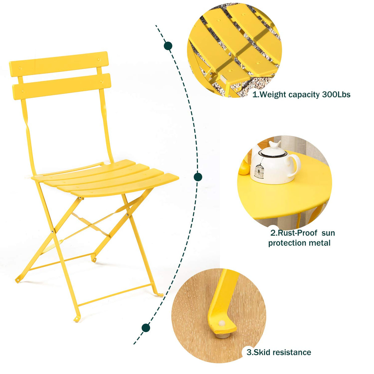 Grand patio 3-Piece Folding Bistro Set, 2 Chairs and 1 Table, Weather-Resistant Outdoor/Indoor Conversation Set for Patio, Yard, Garden-Yellow Grand patio