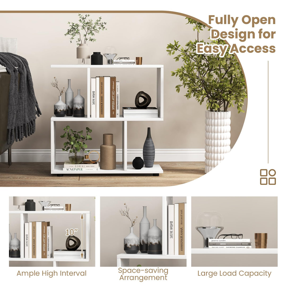 Tangkula 2 Tier Geometric Bookshelf, Freestanding Wood Display Shelf, Home Office Room Divider S Shaped Open Bookcase, Small Bookshelf for Small Spaces, Living Room, Study (White, 1) Tangkula