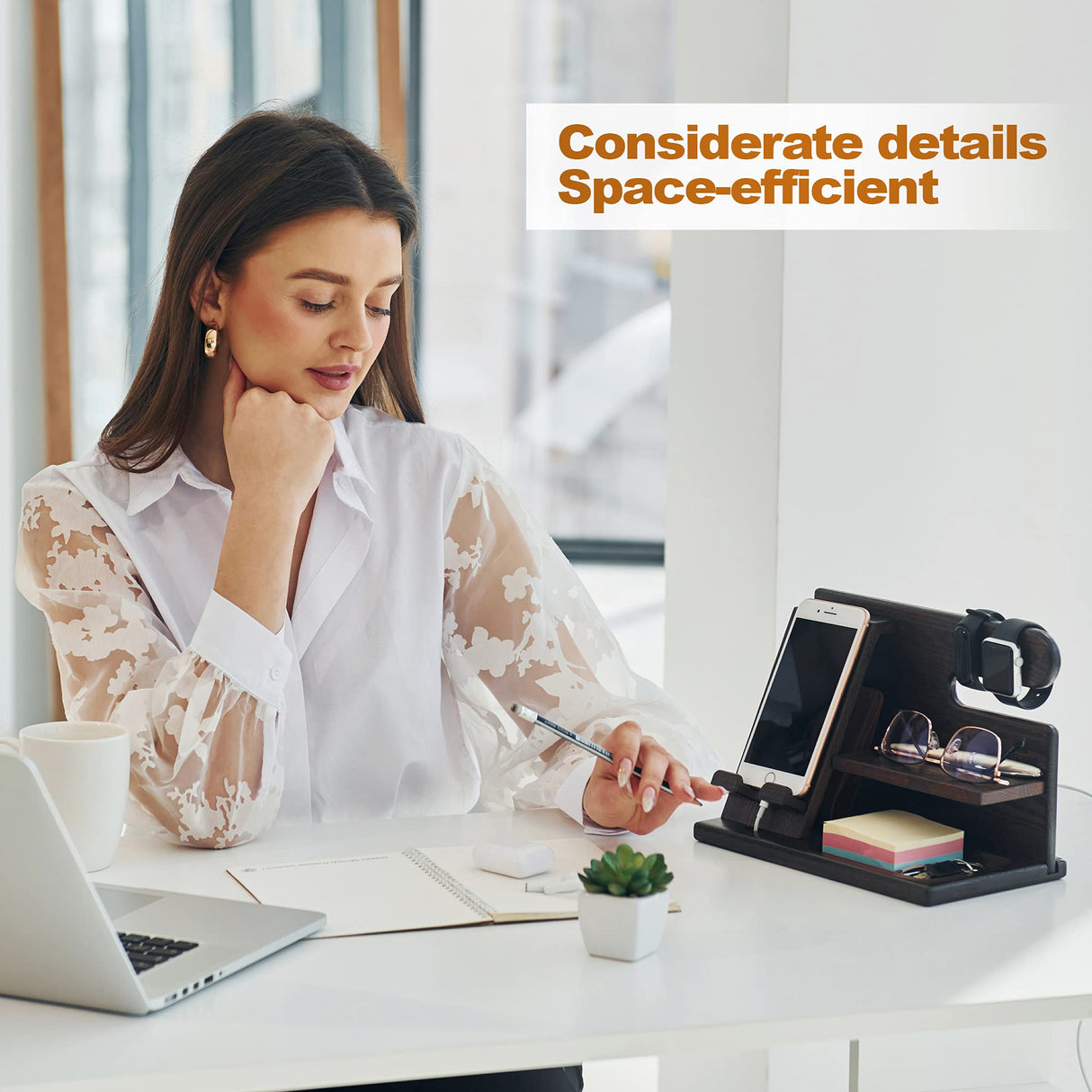 TESLYAR Wood Phone Docking Station for Men - Desktop or Nightstand Organizer - Birthday Gifts for Men, Dad - Anniversary Idea from Wife - Key Holder, Stand Wallet, Watch & Essentials (Fumed Black) TESLYAR