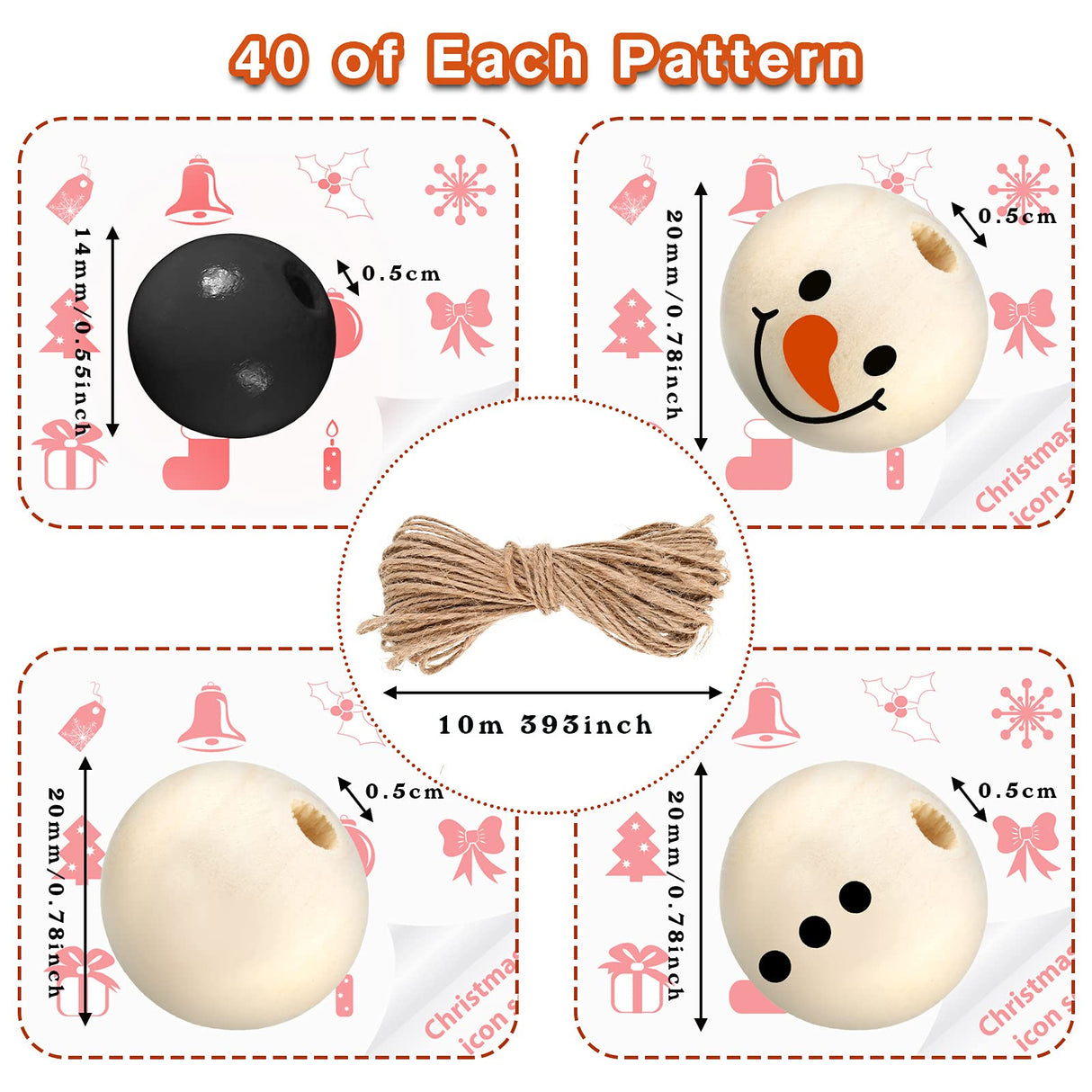 Queekay 160 Pcs Christmas Wooden Beads Snowman Wood Polished Rustic Farmhouse Craft with 32.8 Feet Rope for Xmas DIY Craft Supplies Wooden Beads for Gifts(Bead Style,Black and Wood) Queekay