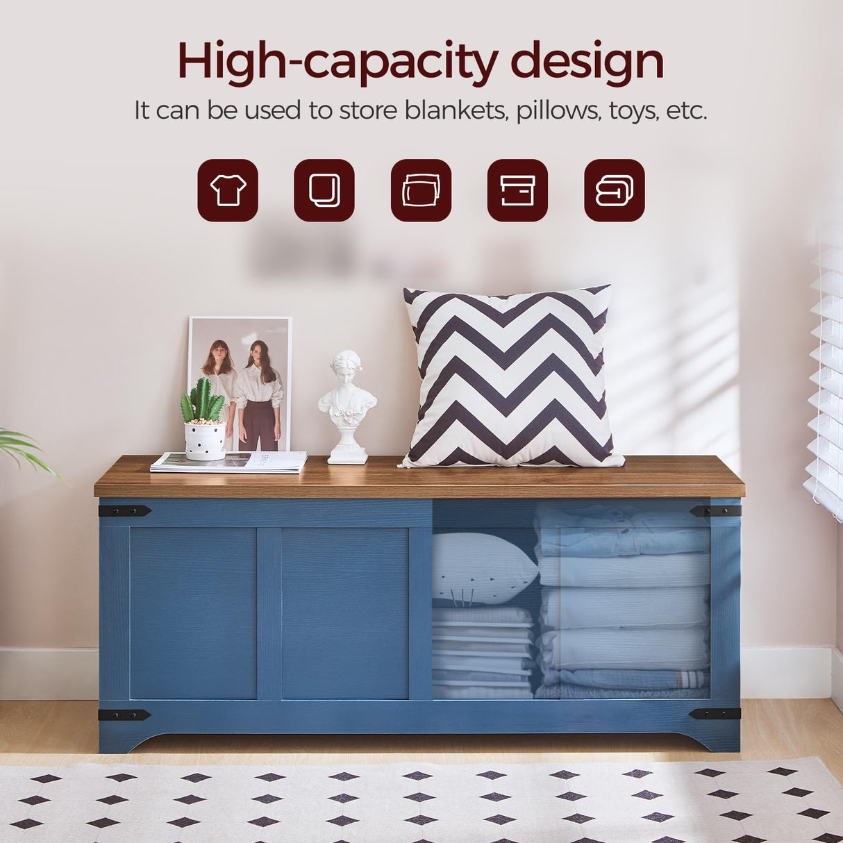 MAHANCRIS Storage Chest, 47.2" Storage Trunk with 2 Safety Hinges, Wooden Toy Chest, Entryway Shoe Bench, Large Toy Box for Kids Room, Bedroom, Living Room, Blue SCLZ4901 MAHANCRIS