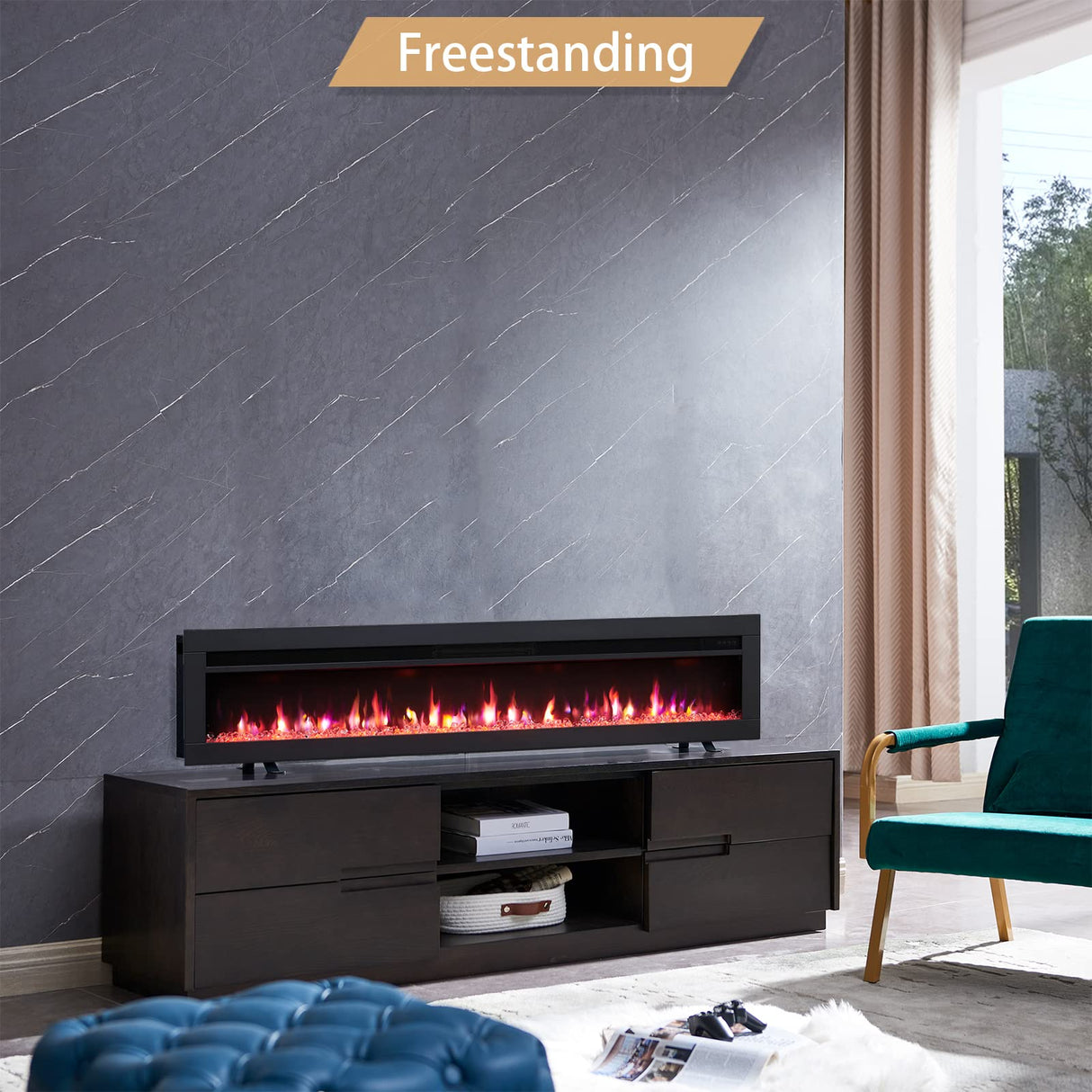 Efiretric® Arthur 60" W 3 in 1 Electric Fireplace (EF459), Freestanding, Wall Mounted, Recessed, 9 Colors Flame Effect, TV Media Wall, Heater 750W/1500W, Remote Control EFIRETRIC