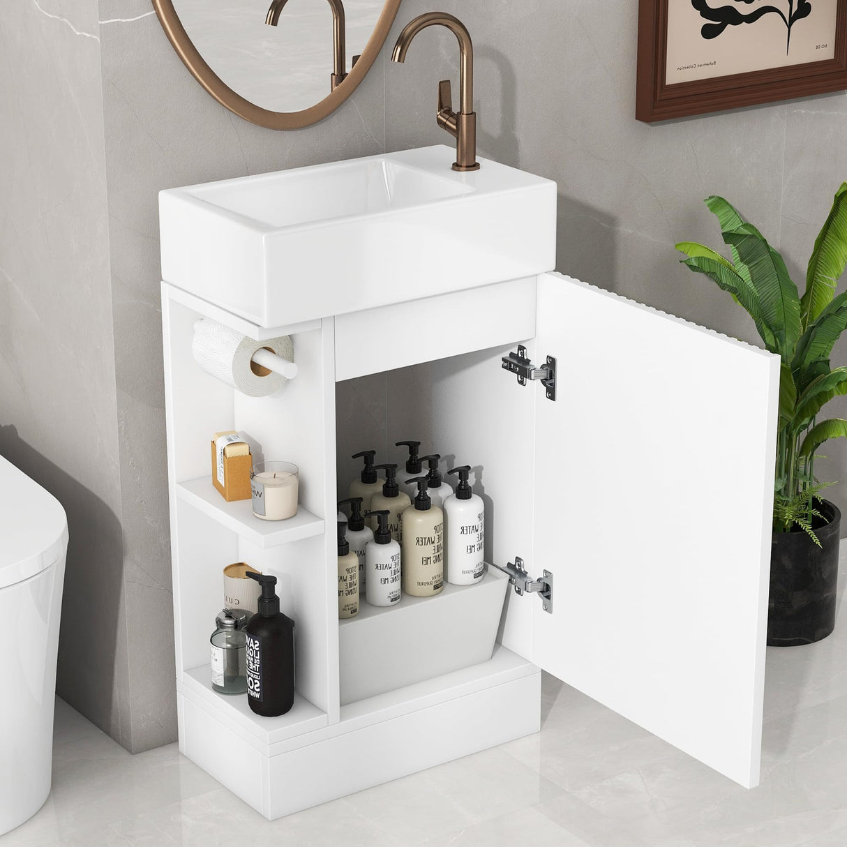 LUMISOL 18.6" Small Bathroom Vanity with Sink, Freestanding Bathroom Vanity with Toilet Paper Holder & Soft-Close Door, Left or Right Storage, Wood Bathroom Sink Cabinet with Ceramic Basin, White LUMISOL