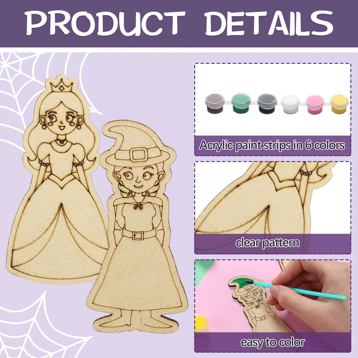 Honoson 24 Set Paint Your Own Witch and Princess Crafts DIY Wooden Painting Craft Kit Pink and Green Color Your Own Witch Princess for Birthday Gifts Party Favors Honoson