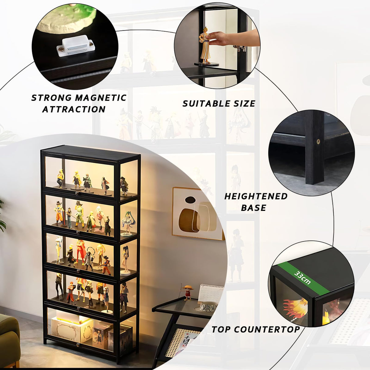 ouioyggk Curio Display Cabinet, 5-Tier Storage Shelves with Acrylic Glass Door, Collectibles Toy Organizers Rack & Display Shelf, Kids Bookshelf and Bookcase for Playroom, Bedroom ouioyggk