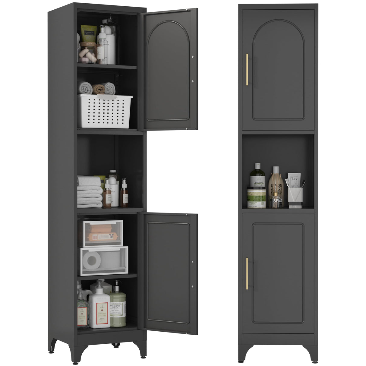 Polup Slim Bathroom Storage Cabinet, 75" Tall Freestanding Narrow Cabinets for Small Spaces, Skinny Metal Storage Cabinet with Doors and Shelves for Living Room, Kitchen, Black - Assembly Required Polup