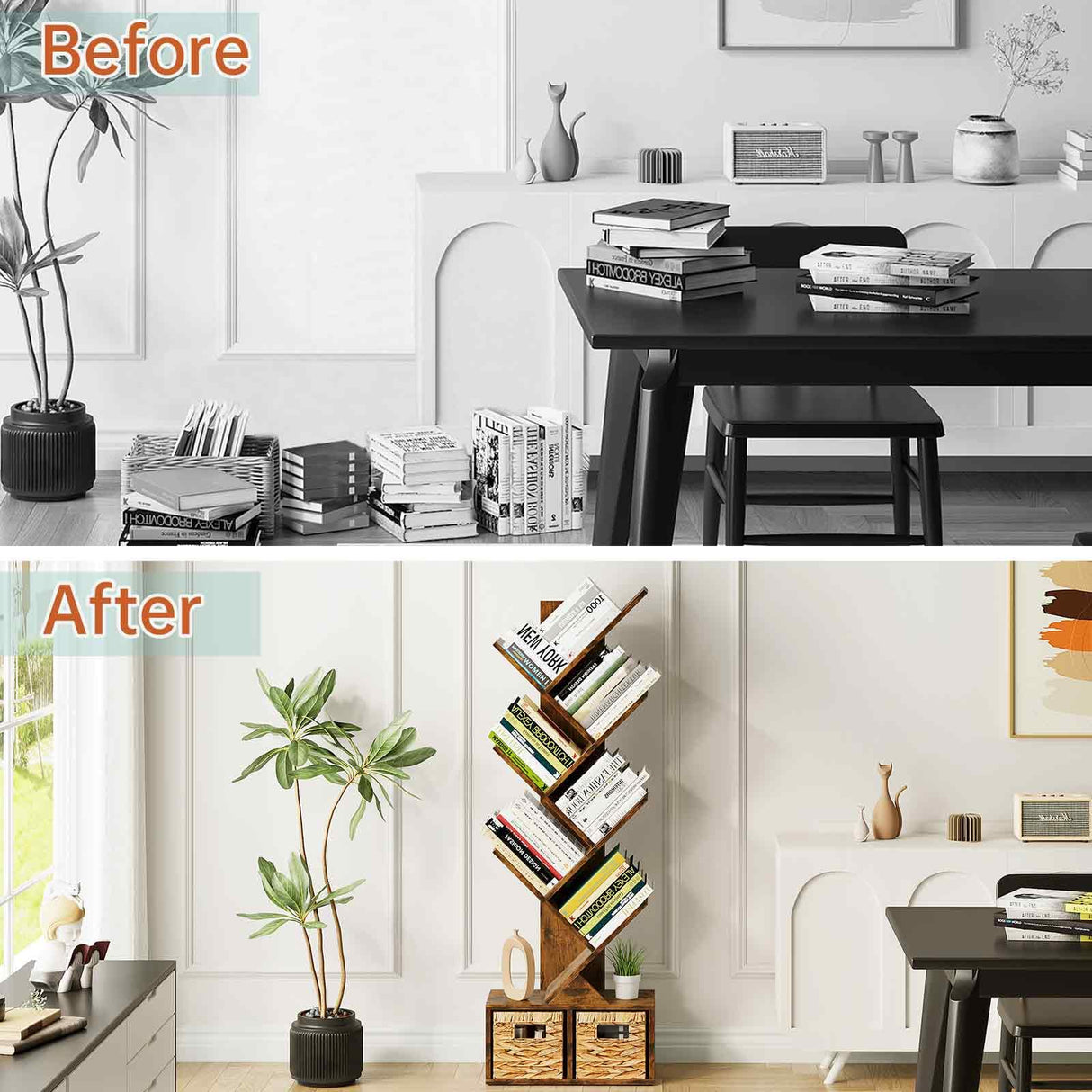 Vagusicc 6-Tier Retro Tree Bookshelf with Baskets - Elegant Floor Standing Bookcase for Home and Office Storage Vagusicc