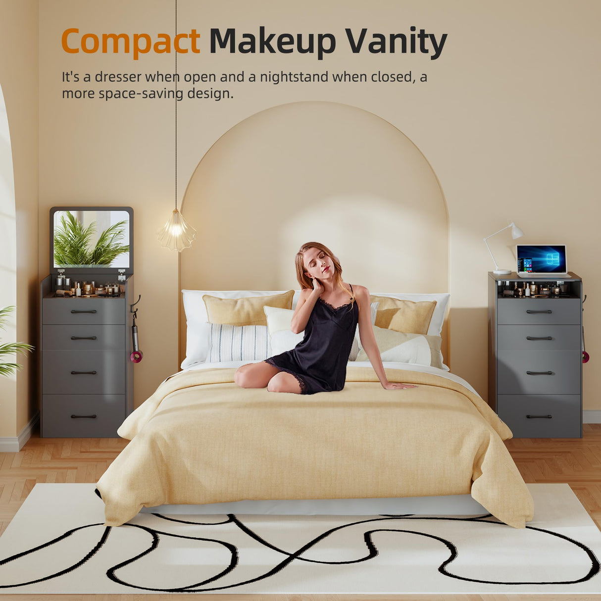 Gurexl 3 in 1 Vanity Desk with Flip Top Mirror,Small Make Up Vanity Set with Visible Glass Desktop,Cushioned Tool,Dressing Table for Bedroom,Compact Makeup Vanity with 3 Drawers,Grey Gurexl