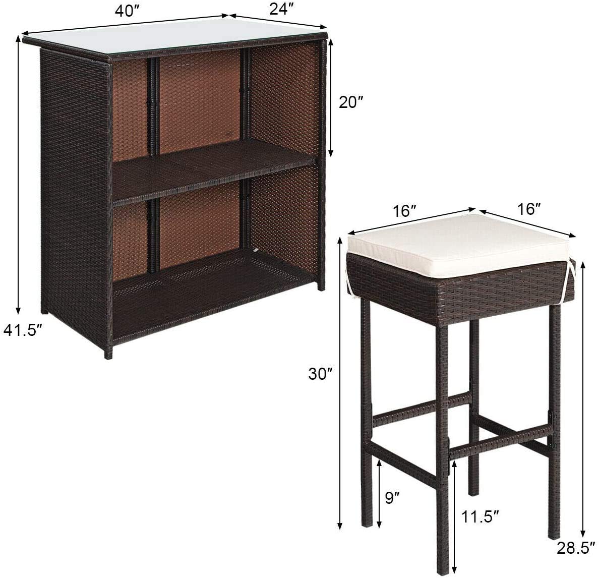 HAPPYGRILL 3PCS Patio Bar Set Rattan Wicker Bar Stools & Table with Cushions and Glass Table Top for Pool Garden Dining Set with Storage Shelves HAPPYGRILL