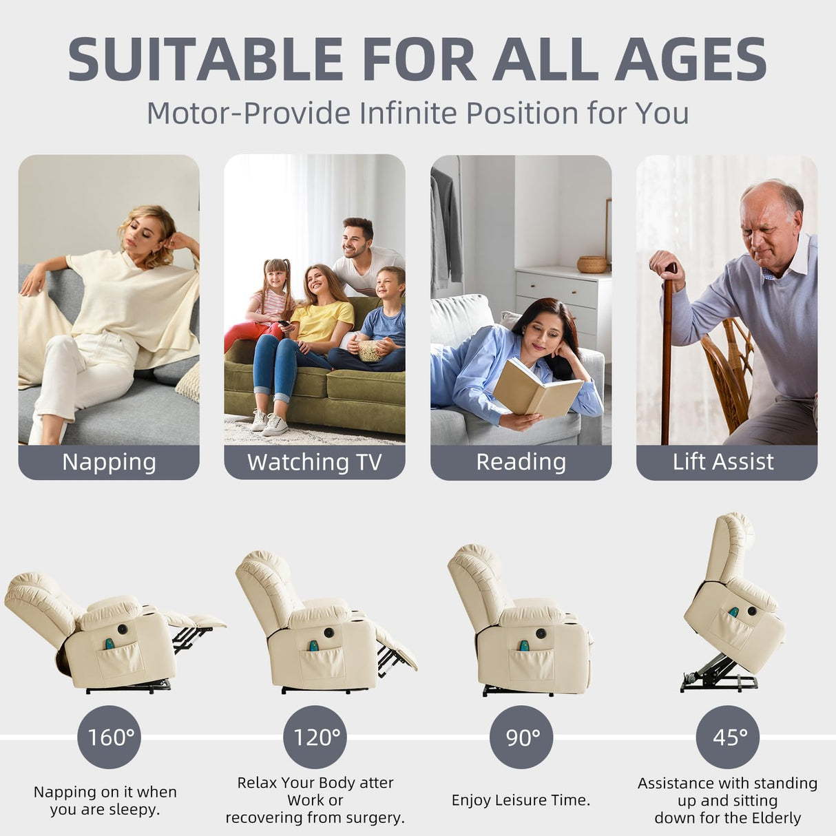 RESTREAL Power Lift Recliner Chair for Elderly, Electric Recliner Chairs for Adults with Massage and Heat, Cup Holders, Remote Control, USB Ports, Side Pockets, Leather (Beige) RESTREAL