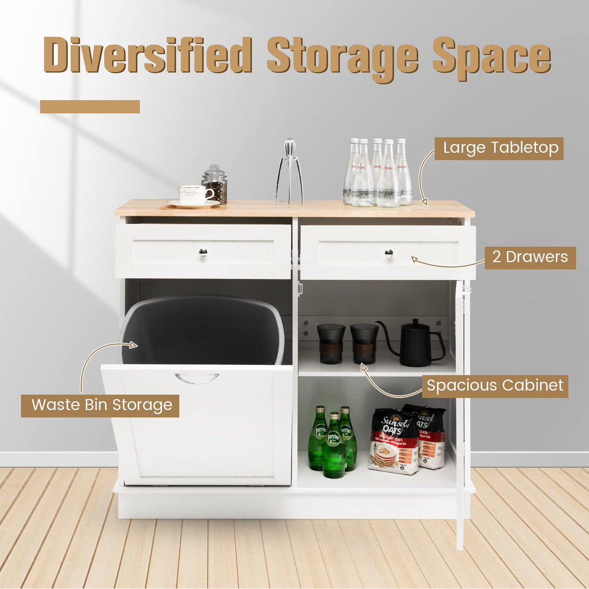 LOKO Tilt Out Trash Cabinet, Kitchen Trash Cabinet with 2 Drawers & Adjustable Shelf, Pet Proof Trash Can Cabinet with Rubber Wood Tabletop, 39.5 x 14 x 35.5 inches (White) LOKO