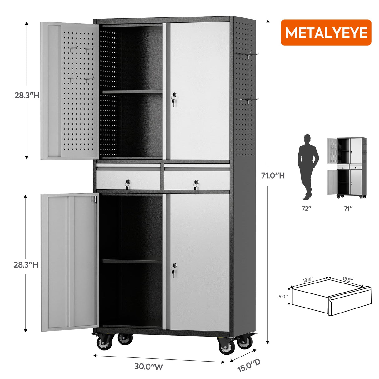 METALYEYE 71''H Metal Storage Cabinet with Wheels & Pegboard,Rolling Lockable Tool Cabinet with Adjustable Shelves & 2 Drawer for Garage,Offices,Homes,Pantries Assembly Required METALYEYE