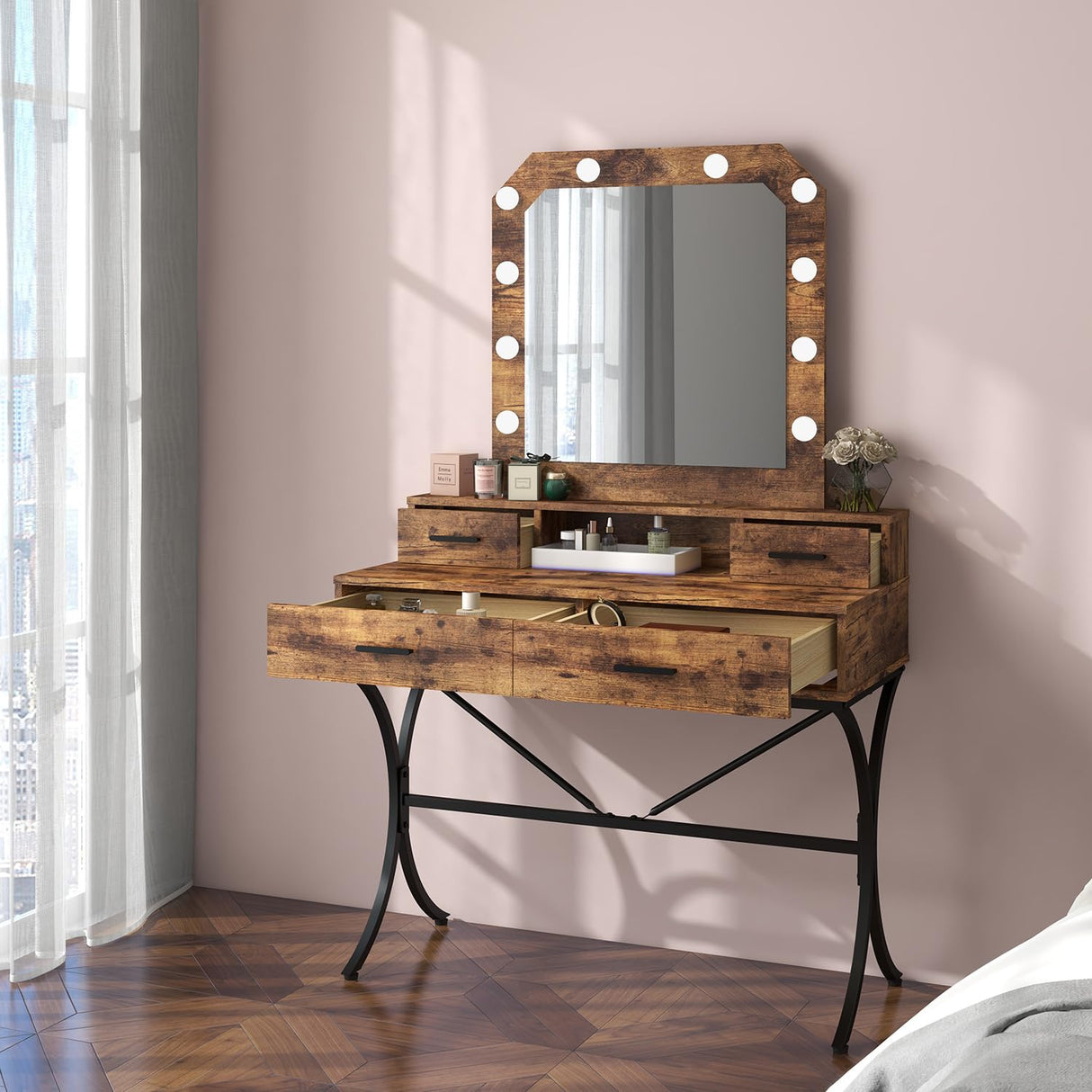 Vanity Table with Lighted Mirror, Modern Makeup Vanity Table with 10 Lights Makeup Desk 4 drawer Storage Dressing Table for Bedroom (Brown) Panana