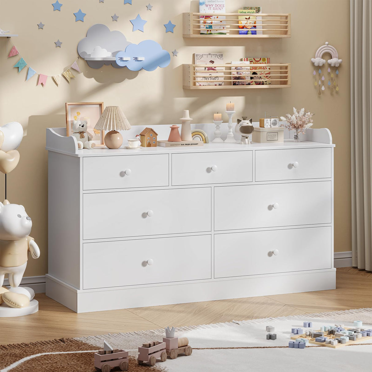 Vabches Kids Dresser Cabinet with 7 Drawers and Large Table Top, Multi-Functional Chest of Drawers, Baby Dresser, Kids Bedroom Furniture, Nightstand for Child’s Room, White Vabches