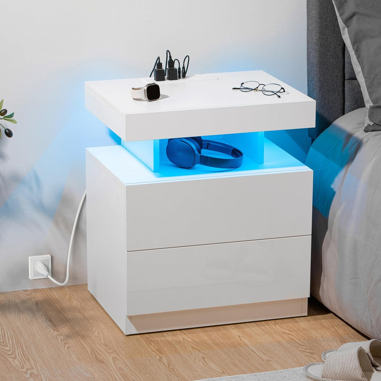 HOMMPA LED Nightstand with Wireless Charging Station & USB Ports High Gloss Bedside Table with LED Light RGB Adjustable Brightness Smart Nightstand 2 Drawers Night Stand for Bedroom White HOMMPA