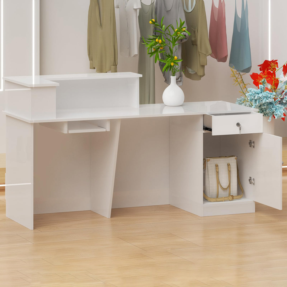 STLWR Modern Reception Desk with Locking Drawers, of Multi-Layer Solid Wood, Three-Color LED Light Strip & File Cabinet, Office Display Counters Retail Reception Desk (All White-Left, 63") Generic