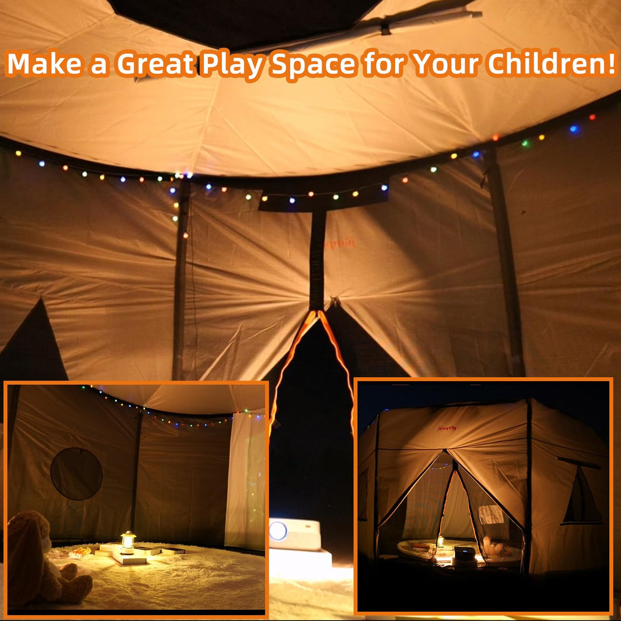 jumpfly 12FT Trampoline Tent for Kids,Fit for 8 Straight Poles Round Trampoline,Trampoline Shade Cover with LED Light,Outdoor Trampoline Accessories Canopy,Sunscreen Clubhouse,Anti-Tear,Camping,Black jumpfly
