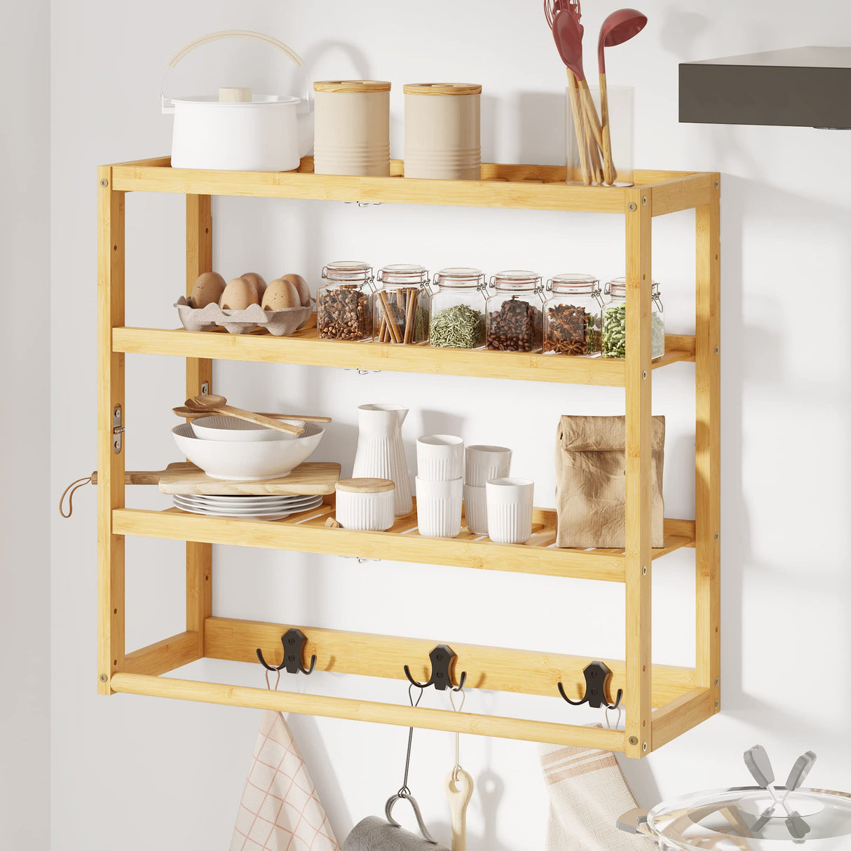 AMBIRD 3-Tier Bamboo Bathroom Shelf with Adjustable Height and Hooks AMBIRD