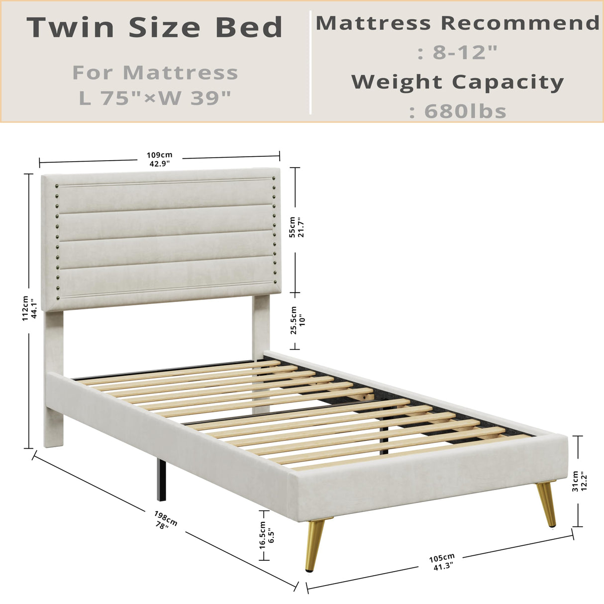 LIKIMIO Twin Bed, Platform Bed Frame with Upholstered Headboard and Wooden Slats Support, No Box Spring Needed, Easy Assembly, Beige LIKIMIO