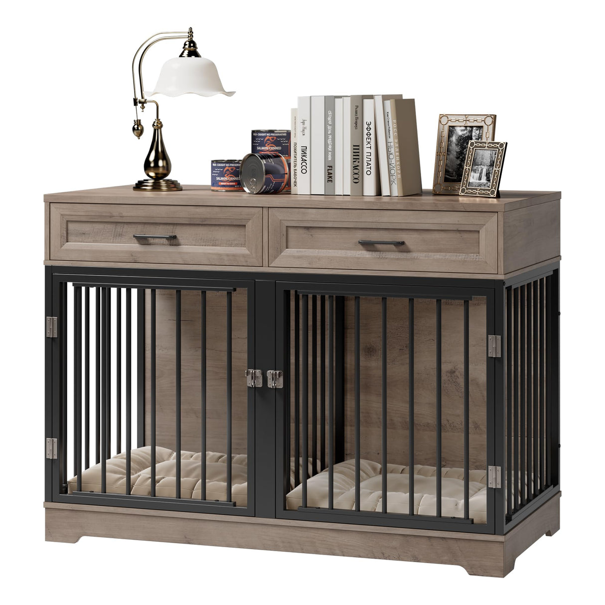 Dog Crate Furniture 47" Wooden Dog Kennels for Dogs Indoor with a Removable Divider for Large/Medium/Small Dogs, 2 Storage Drawers and Large Tabletop Dog Cages Double Doors Dog House, Rustic TTVIEW