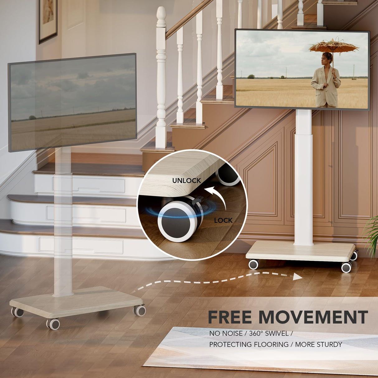 Mobile TV Stand for 27 to 65 Inch TVs, Portable Rolling TV Cart on Wheels, Tall Universal Floor Stands with Swivel Mount, Height Adjustable Sleeking Standing Mount Fit Corner, Bedroom, Outdoor AX WABER