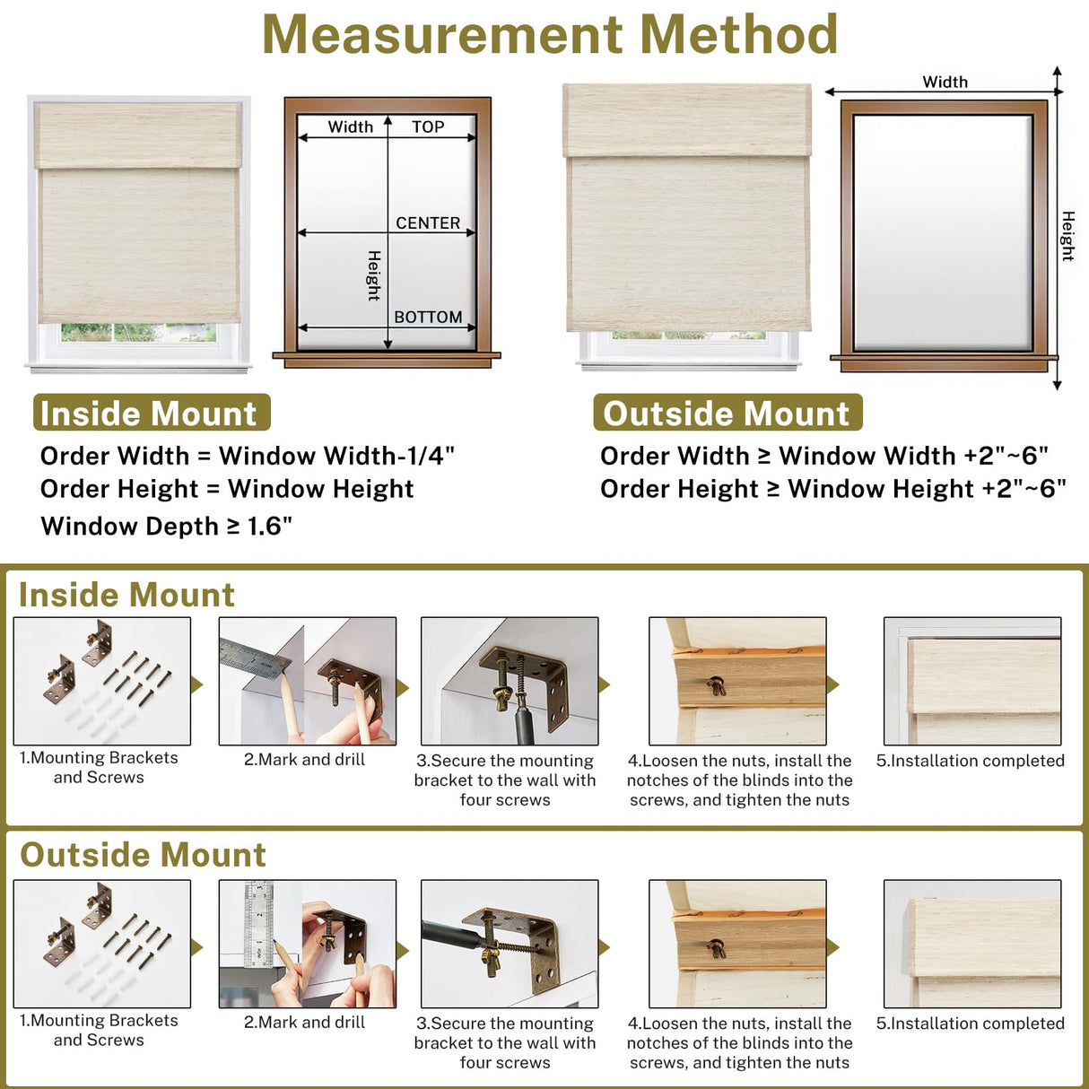 Moonice Cordless Custom Roman Shades for Window Blackout, Natural Woven Fabric Privacy Room Darkening Blinds, Thermal Insulated Window Blind Treatment for Bedroom Living Room, Beige moonice