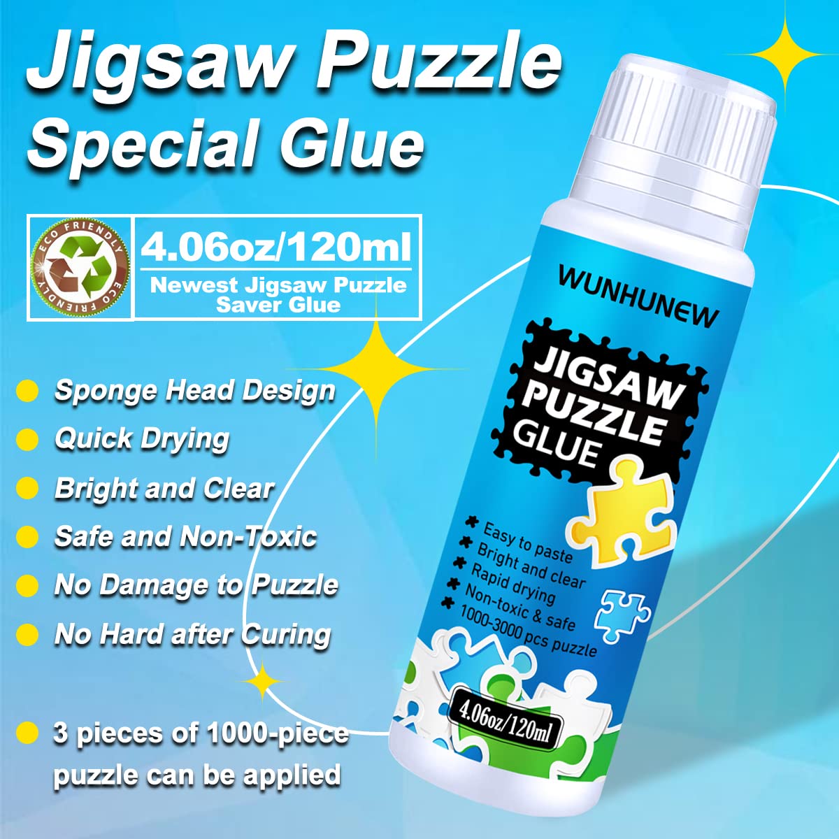 Jigsaw Puzzle Glue Clear with Sponge Head Applicator, Puzzle Saver Frame for 1000/1500/3000 Pieces Puzzle of Paper & Wood, Water-Soluble Special Art Craft Puzzle Guard Glue, Quick Dry (120ML) Wunhunew