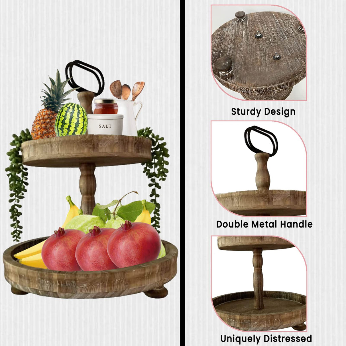 DECORIO Beautiful Farmhouse Slightly Distressed Two Tier Brown Wood Decorative Tray - Tiered Tray Stand - Two Tier Tray Tiered Tray Decor - Tiered Tray Large - 2 Tier Tray - Fall Decor 17" Large Round Decorio Decorate In Style