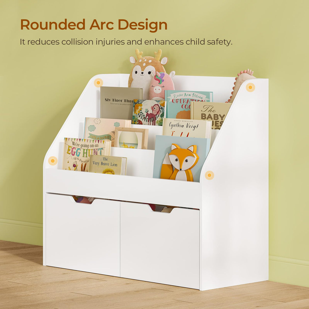 Kids Bookshelf - 4 Tier Small Bookcase for Kids Room, Toy Storage for Children with 2 Movable Drawers, Hidden Wheels, Toddler Book Display Shelves for Classrooms, Nursery, Playroom and Bedroom, White Sikaic